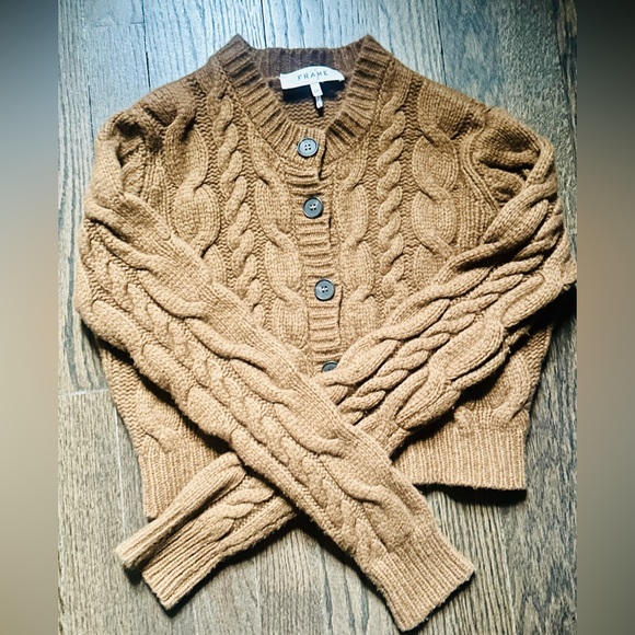 Frame Denim Sweaters - Frame Denim Cable Knit Button-Front Cardigan in Camel Brown